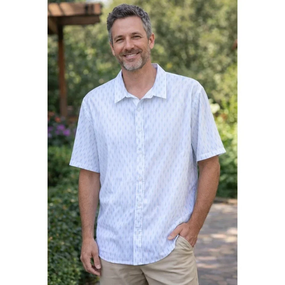Travis Mathew Men's Dress Shirt 2XL XXL White with Blue
